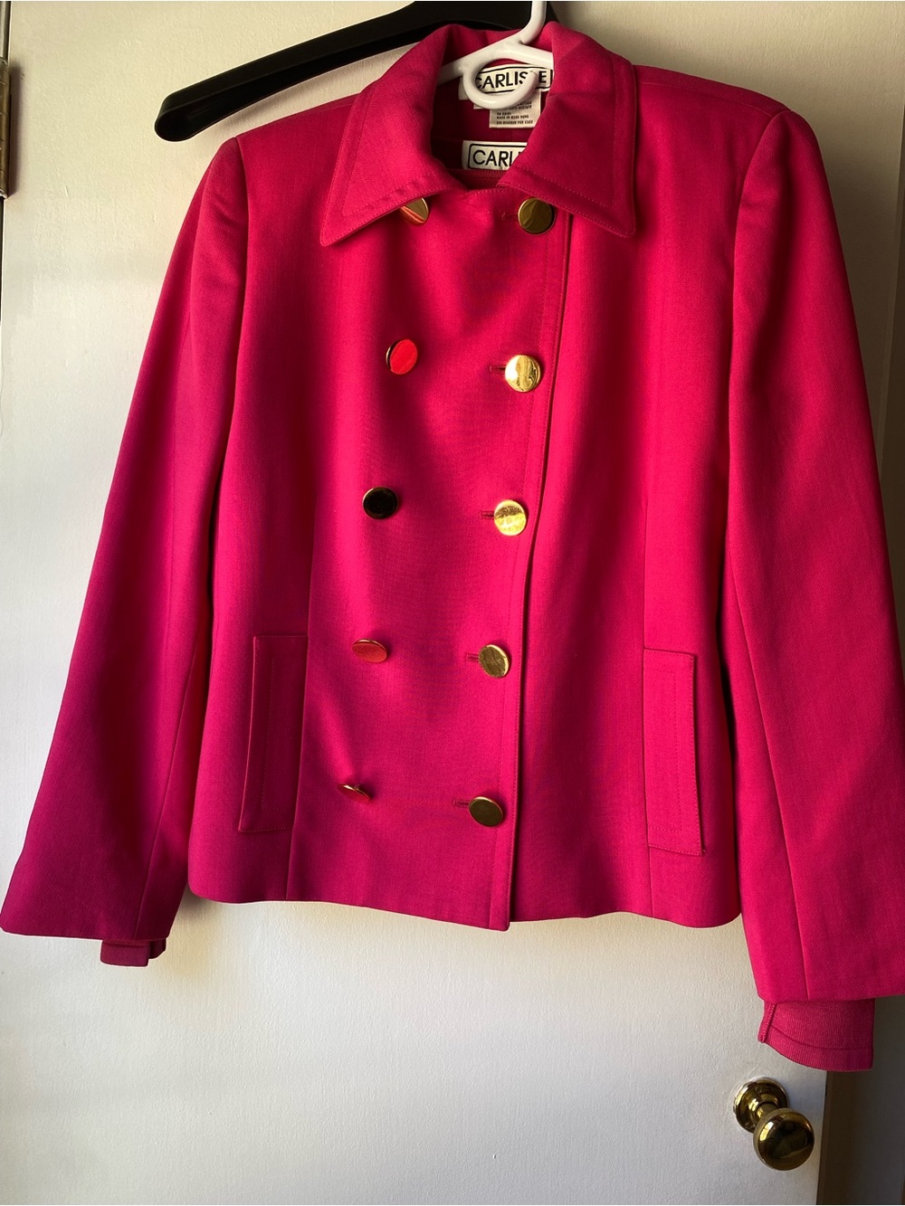 Carlisle Fuchsia Double-Breasted Blazer with Gold Buttons and matching shirt
